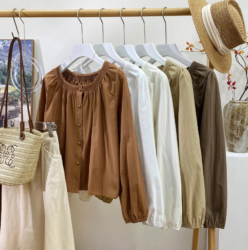 Woman Shirt And Blouses Female French Elegant Spring Autumn New O Neck Lantern Sleeve Long Sleeve Tops Loose Casual Sweet Shirts