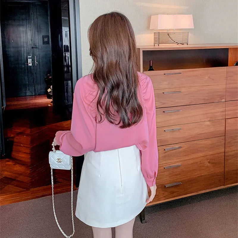 2026 New Women Shirts Spring Summer Autumn Fashion Design Sense Pointed Collar White Chiffon Shirt Blouse Ladies Shirt Top