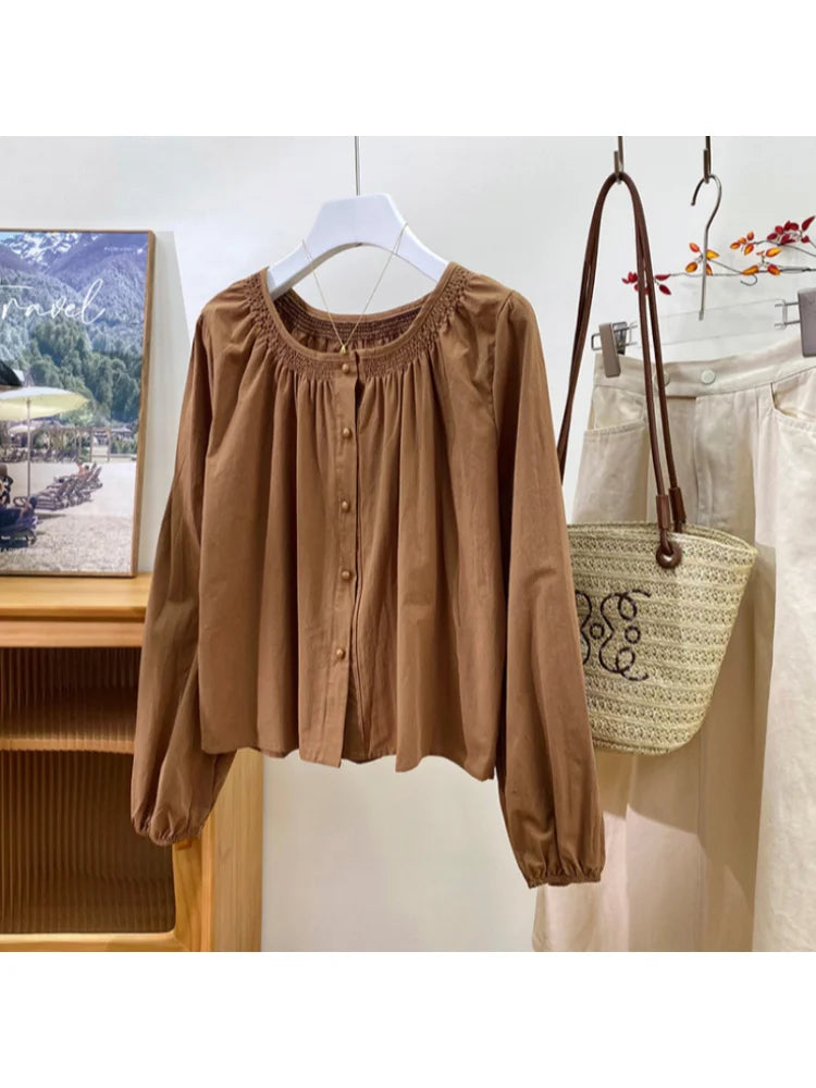 Woman Shirt And Blouses Female French Elegant Spring Autumn New O Neck Lantern Sleeve Long Sleeve Tops Loose Casual Sweet Shirts
