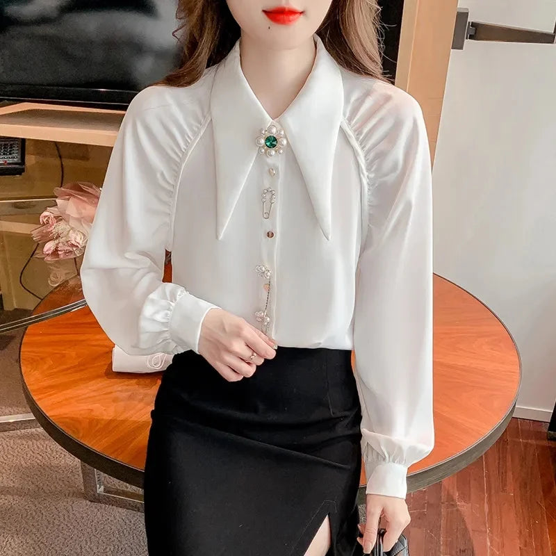 2026 New Women Shirts Spring Summer Autumn Fashion Design Sense Pointed Collar White Chiffon Shirt Blouse Ladies Shirt Top