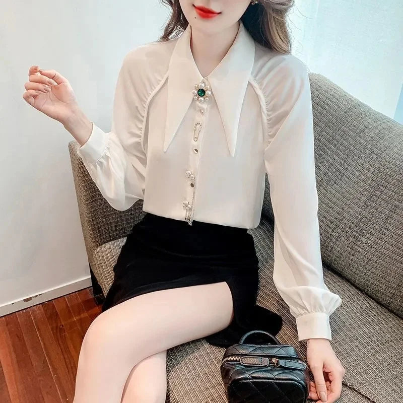 2026 New Women Shirts Spring Summer Autumn Fashion Design Sense Pointed Collar White Chiffon Shirt Blouse Ladies Shirt Top