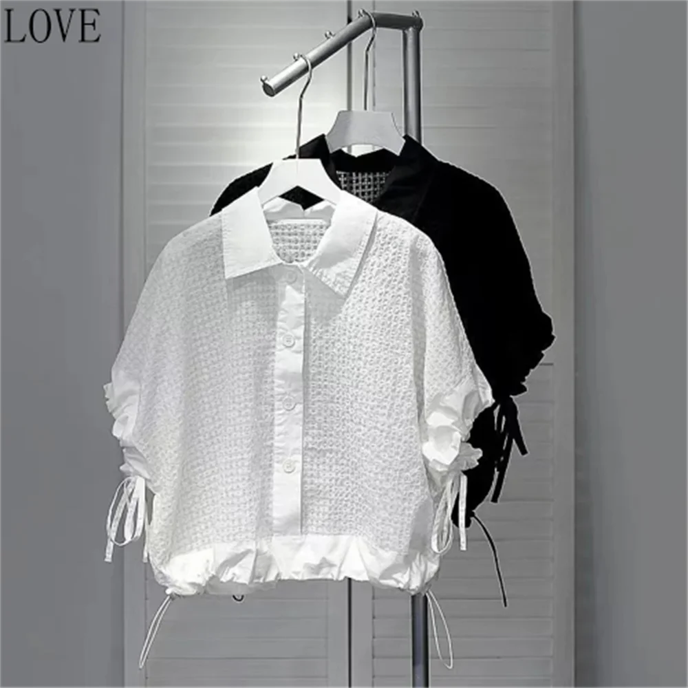 Woman Clothing T-shirts High-grade Short-sleeved Shirt Women's Summer Loose Slim Drawstring Shirt Design Sense Niche Short Top