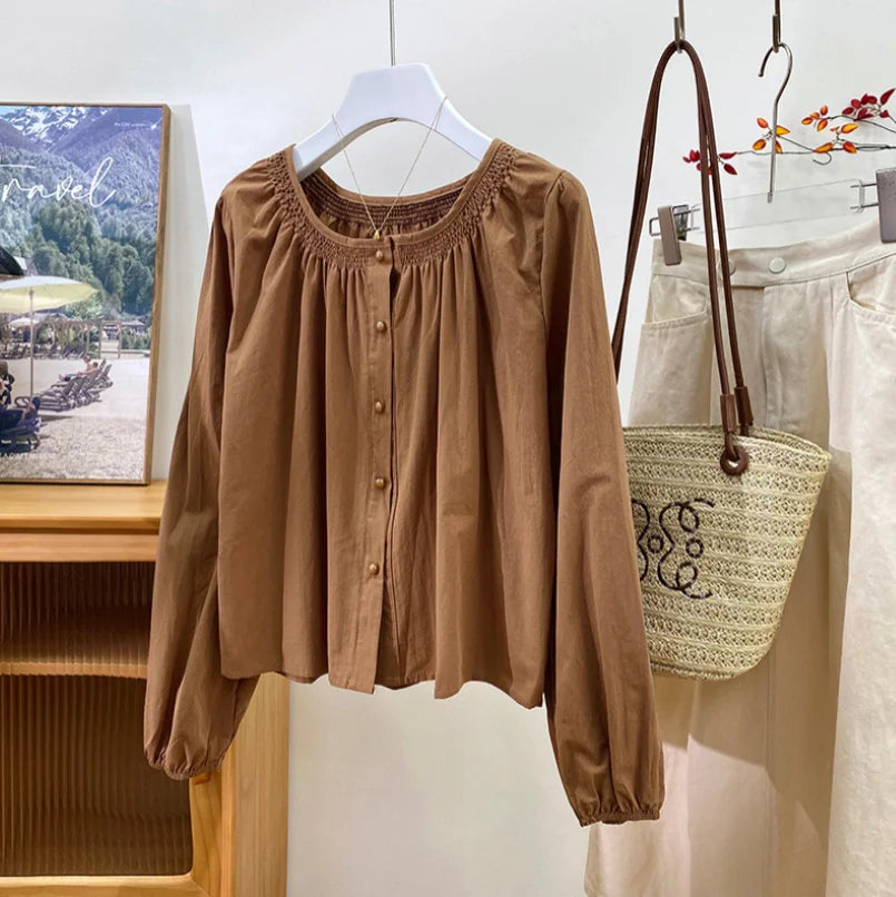 Woman Shirt And Blouses Female French Elegant Spring Autumn New O Neck Lantern Sleeve Long Sleeve Tops Loose Casual Sweet Shirts