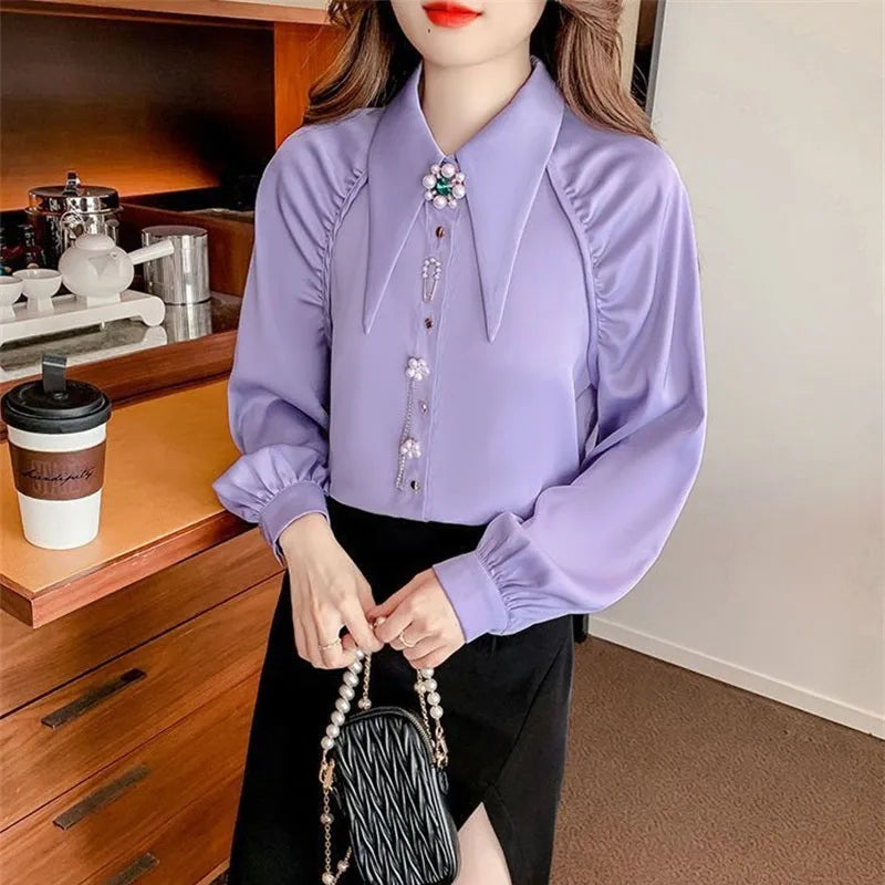 2026 New Women Shirts Spring Summer Autumn Fashion Design Sense Pointed Collar White Chiffon Shirt Blouse Ladies Shirt Top